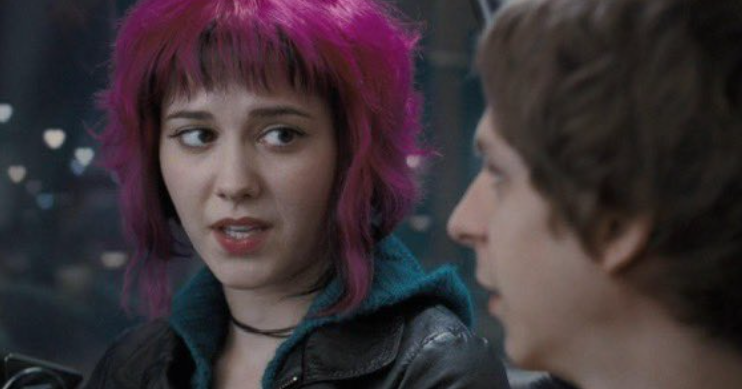 Screenshot from the movie "Scott Pilgrim vs. the World." The character Romana is staring at Scott with a concerned look.