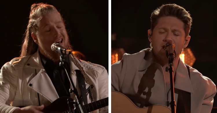 A two-photo collage. The first shows a close up of Huntley, his eyes closed, as he plays guitar and sings on "The Voice." The second photo shows a close up of Niall Horan, eyes closed, as he plays guitar and sings with Huntley.