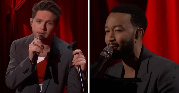 A two-photo collage. The first shows a close up of Niall Horan looking into the camera as he sings. The second photo shows a close up of John Legend singing into a mic as he plays the piano.
