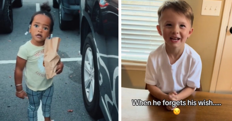 A two-photo collage of two kids saying the darndest things. The first shows a little girl standing outside of a car. She looks exacerbated as she holds a paper bag in one arm. The second photo shows a little boy sitting at a dining table. He's smiling wide. Text on the image reads "When he forgets his wish..."