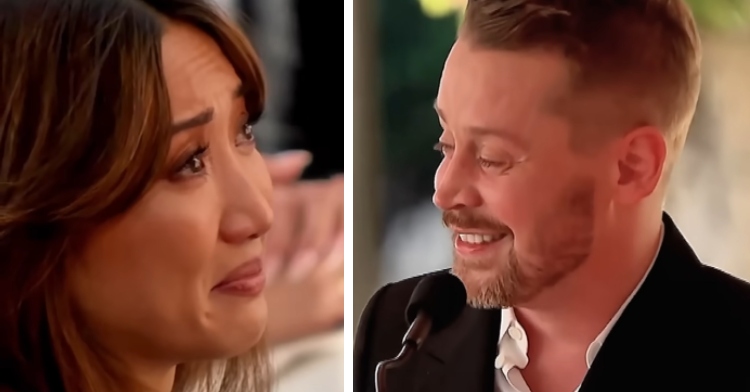 A two-photo collage. The first shows a close up of Brenda Song with tears in her eyes as Macaulay Culkin delivers a heartfelt speech about her. The second photo shows Macaulay Culkin smiling as he thanks his wife Brenda Song in a speech.