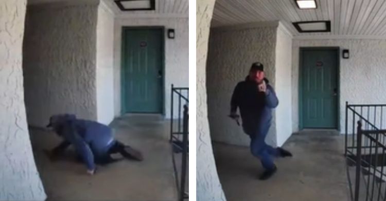 A doorbell camera caught funny footage of a man falling down.