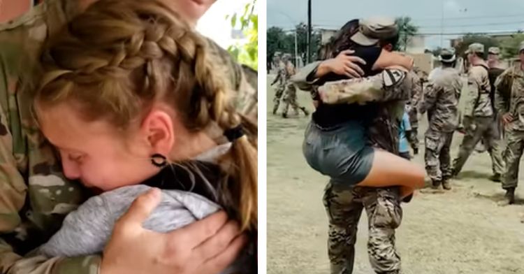 Soldiers hugging their loved ones during military homecomings.