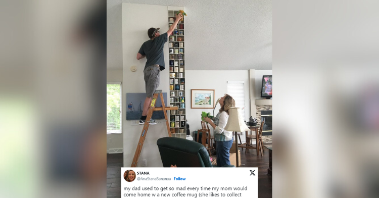 Image shows a man on a ladder placing a stuffed frog on a mug shelf.