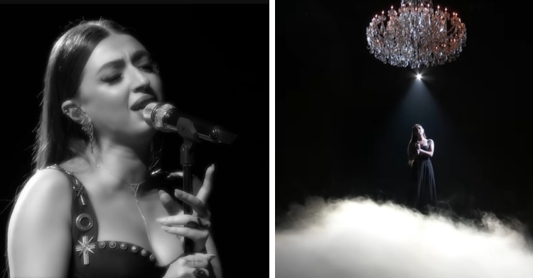 A two-photo collage. The first shows a close up of Nini Iris singing on "The Voice" to a Billie Eilish song. The image is in black and white. The second photo shows a far-away view of Nini performing. Smoke gills the stage and a massive chandelier hangs above her head.