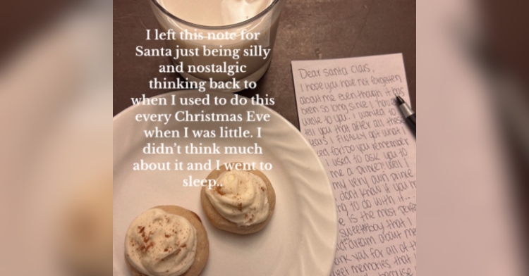 Top-down view of a table set for Christmas Eve by Emily. There's a plate with two iced cookies, a glass of milk, and a note for Santa Claus.