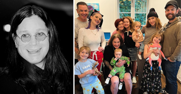 Portrait of Ozzy Osbourne on the left. Osbourne family picture on the right as they helped Ozzy celebrate 75 years.