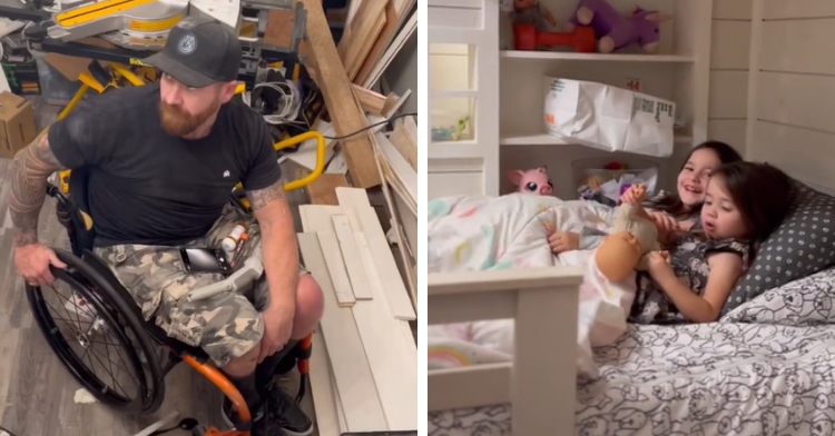 A two-photo collage. The first shows a top-down view of a dad in a wheelchair. He is sitting among various construction materials. The second photo shows two little girls happily laying in a bed that's a part of a bunk bed/playhouse.