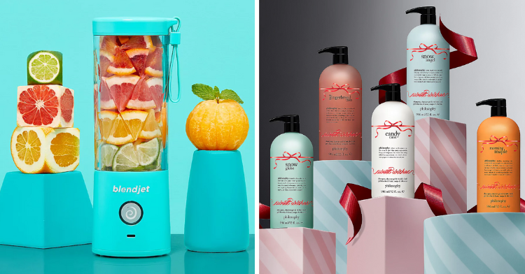 Best Christmas gifts under $50. Left image is a personal blender, right image is shower gels.