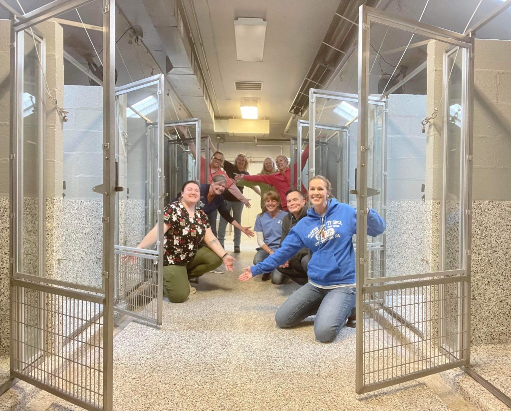 Animal shelter workers smile as their kennels are finally empty.