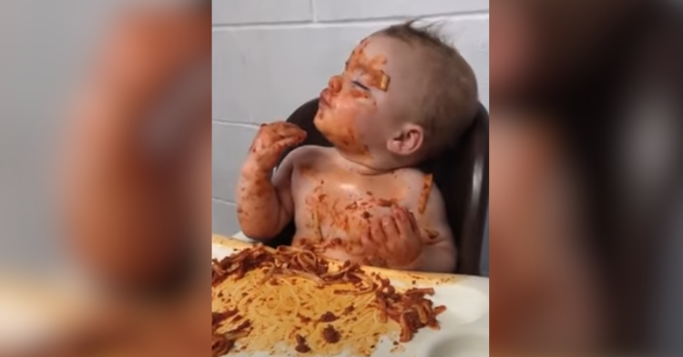 Baby falling asleep while eating pasta