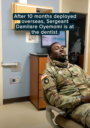 Soldier has a surprise for his wife at the dentist. He sits in the chair, waiting for her to come see him.