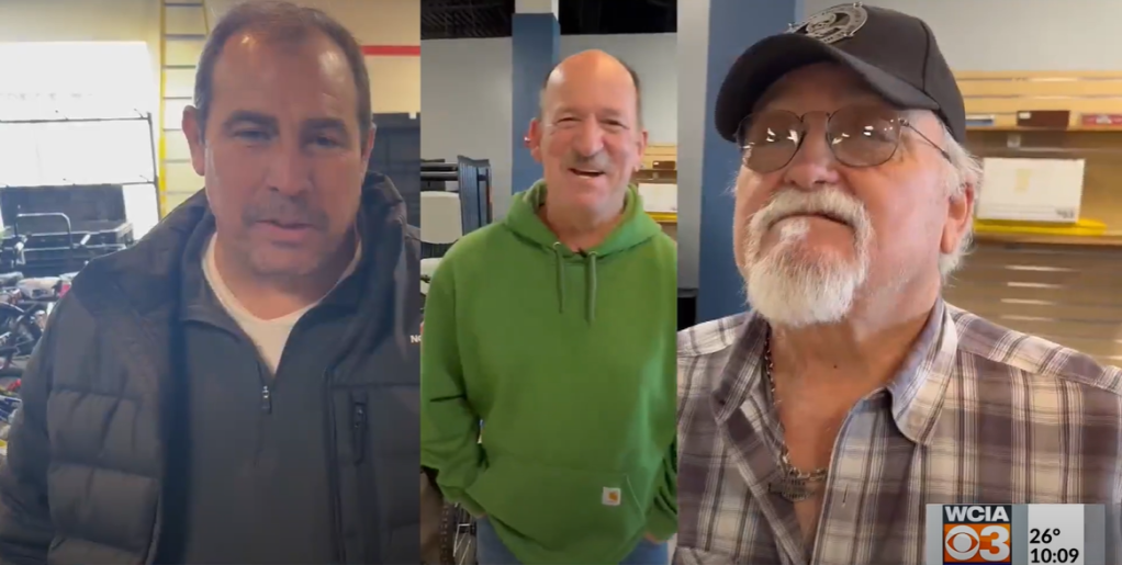 A three-photo collage showing John Peeler, Jim Hampton, and Stan Friese talking to news crew.