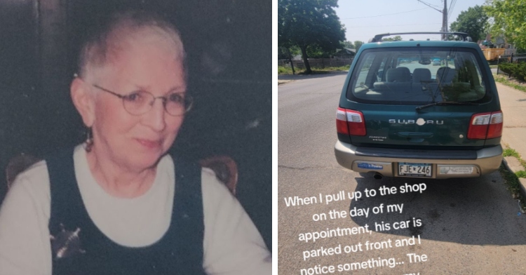 A two-photo collage. The first shows a close up of beckaroo's late grandmother, Jean. She's smiling and is wearing glasses. The second photo shows the back view of a 2003 green Subaru Forester. Text on the image reads: When I pull up to the shop on the day of my appointment, his car is parked out front and I notice something... The...