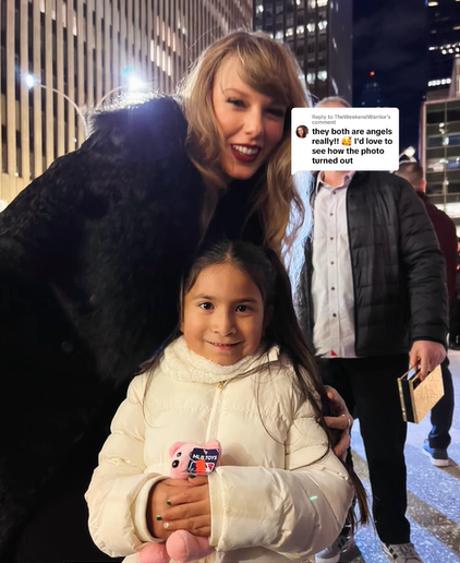 Taylor Swift and Christopher's little sister smile for a photo together. TikTok dialogue box is covering the face of a man standing nearby behind them. Text in that box is from a comment and reads: they both are angels really!! I'd love to see how the photo turned out