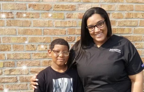 Burn victim Marcel Griffin, Jr. with makeup artist Tina Wilson.