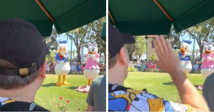 Daniel Ross is the voice actor who does Donald Duck. Here, the two meet at a celebration of 90 years for Donald.