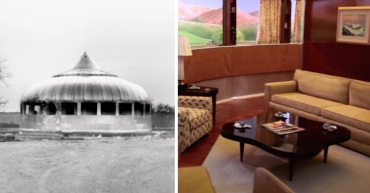 Left - external view of Dymaxion House. Right - living room inside the structure.