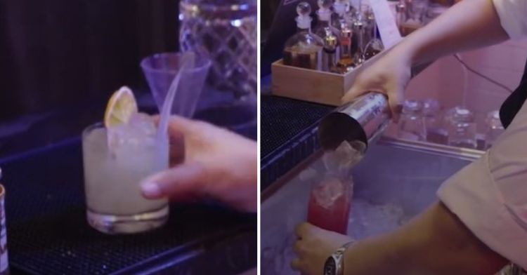Left frame shows human-created drink versus right frame with AI cocktail used in a taste test.