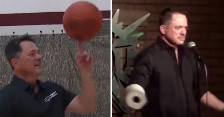 Mike Bolland spinning a basketball and using his missing right hand as a paper towel holder.