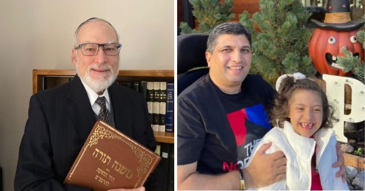 Rabbi Danny Goodman in left frame. Muataz Azooz and his daughter in right frame.