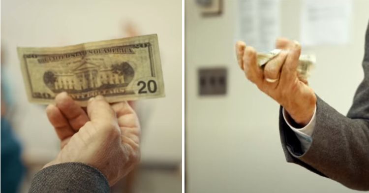 A professor holding up a 20-dollar bill (left frame), then crumpling it (right frame.