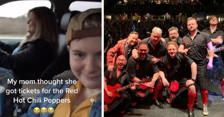 Image shows a mom and daughter on their way to a concert. Right image shows the band, Red Hot Chilli Pipers.