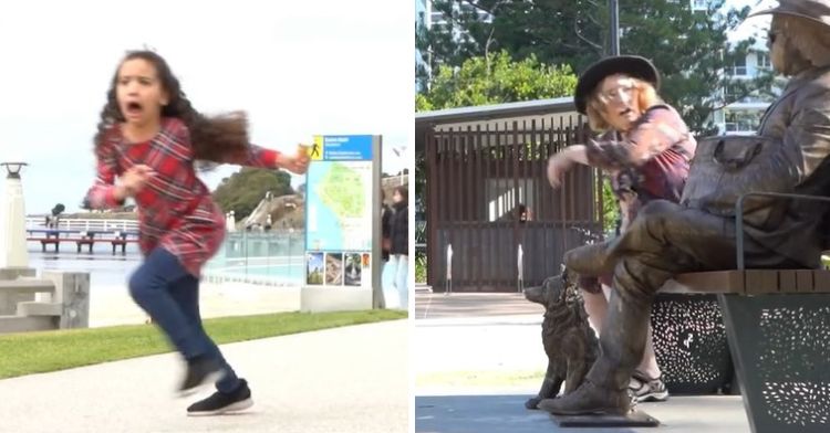 A young girl and an old woman who were frightened by a statue scare prank.