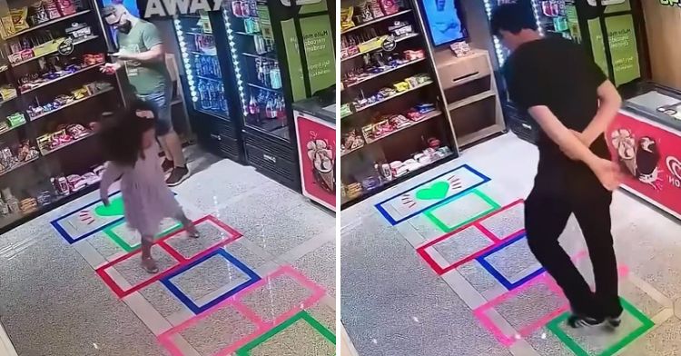 Image shows two store customers using a hopscotch board.