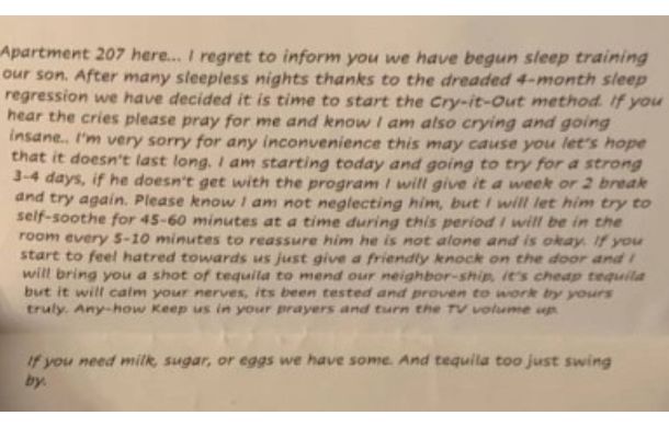 The neighbor note warning neighbors of the potential for loud crying from a couple's infant.