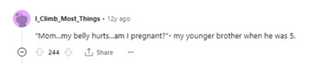 A Reddit post with a 5yo boy wondering if he's pregnant because his belly hurts.