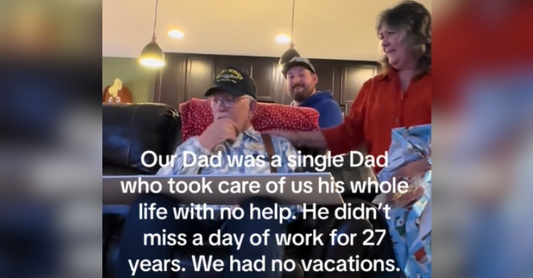View of Nichole's dad after opening his gift for an Alaska trip. He's sitting on a chair with a woman next to him and a man behind him. Dad looks emotional as he covers his mouth with his hand. Text on the image reads: Our Dad was a sing Dad who took care of us his whole life with no help. He didn't miss a day of work for 27 years. We had no vacations.