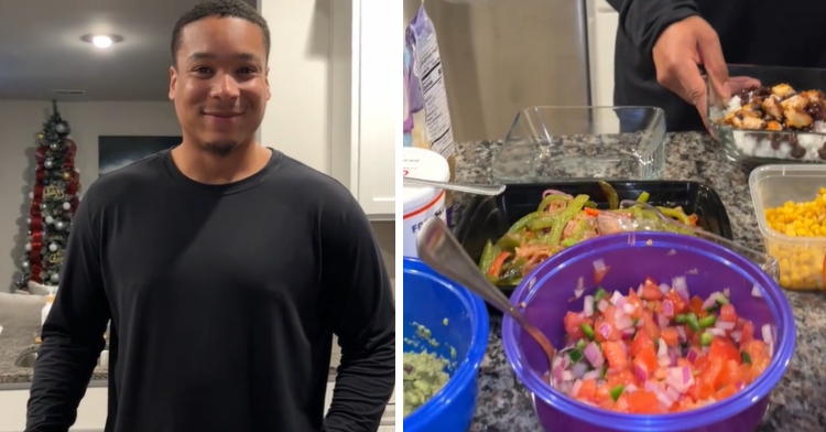A two-photo collage. The first shows a man, Braxton Hooks, smiling as he stands in his kitchen. The second shows a close up of the at-home Chipotle station he's made. There's corn, salsa, and more. Braxton's hand can be seen holding a clear bowl with white rice, beans, and chicken.