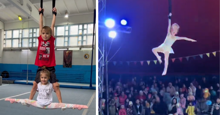A two-photo collage. The first shows a little boy and girl smiling. The boy is hanging onto a rope while the girl does the splits and sits on his feet. The second photo shows the same girl soaring through the air during an aerial act.