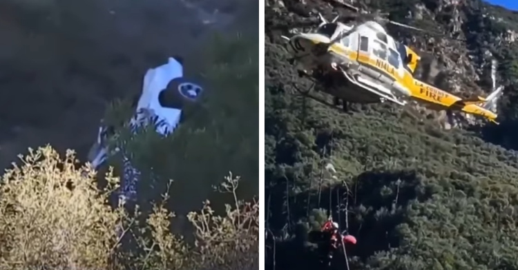 A two-photo collage. The first shows a view of a California woman's white car at the bottom of a cliff in Angeles National Forest. The second photo shows a view of a helicopter airlifting a California woman after she plummeted 200 ft. down a cliff.