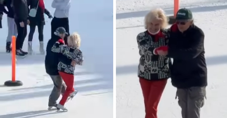 A two-photo collage of two elderly bffs. In the first, their backs are toward us as the ice skate. A group of people stand nearby and admire them. The second photo shows the same two from the front, arms around one another as they ice skate. The woman is smiling.