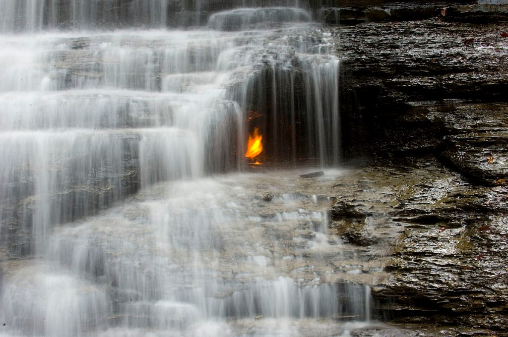 There is fire behind a waterfall at Eternal Flame Falls. 