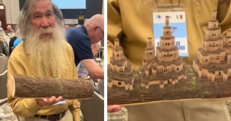 A two-photo collage. The first shows an elderly man with a white beard smiling as he holds out what looks like a normal piece of wood. The second photo shows a close up of that same man holding the same piece of wood except now it's the base of a fairy castle.