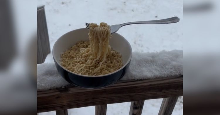 A bowl of ramen frozen solid on the porch.