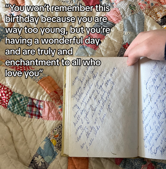 A granddaughter holds open her grandma's diary.