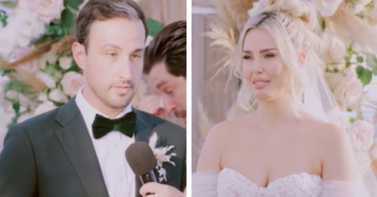 A two-photo collage. The first shows a groom talking into a mic as he gives his vows. Standing just behind him is the officiant, holding back tears. The second photo shows a bride who looks emotional as she holds back tears.