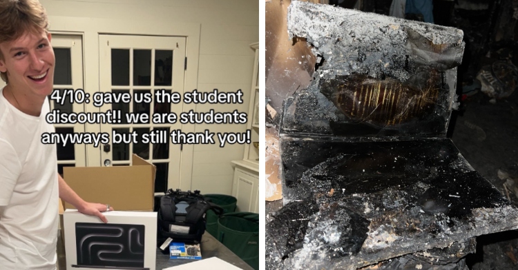 A two-photo collage. The first shows Ainsley's boyfriend smiling at the camera as he stands in front of a table with Apple products on them. Text on the image reads: 4/10: gave us the student discount!! we are students anyways but still thank you! The second photo shows a close up of a totally burned laptop. Text on the image reads: 1. Apple