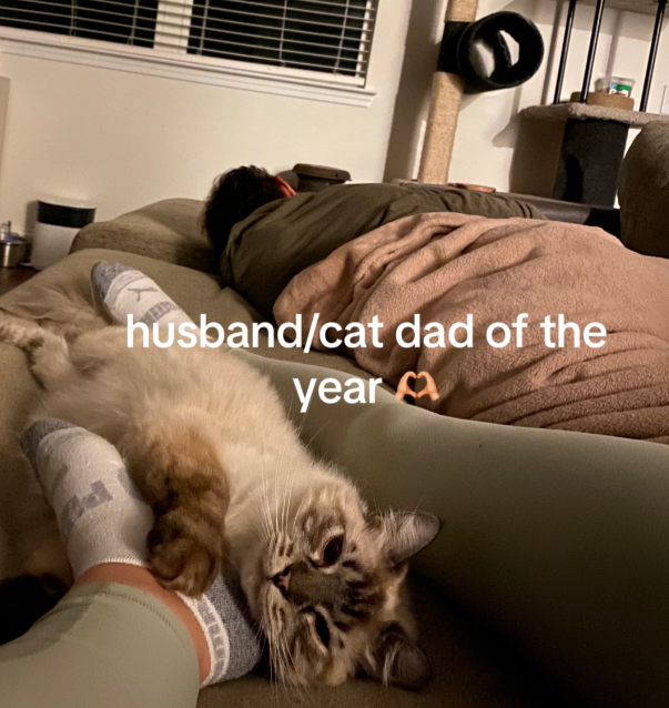 View from Tiffany's perspective as she sits on a couch, her husband sleeping and wrapped up in a blanket next to her. Reno, her cat, lays at her foot, one paw resting on her ankle. 

Text on the image reads: Husband/cat dad of the year
