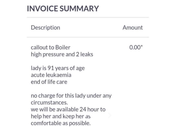 An invoice for free services from Britain's kindest plumber. 