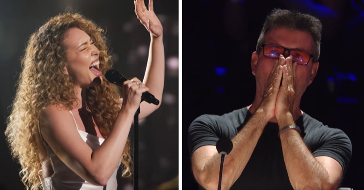 A two-photo collage. The first is a close up of Loren Allred singing passionately with her eyes closed on "AGT." The second photo shows Simon Cowell reacting to her singing. His eyes are wide and he's covering his face with his hands.