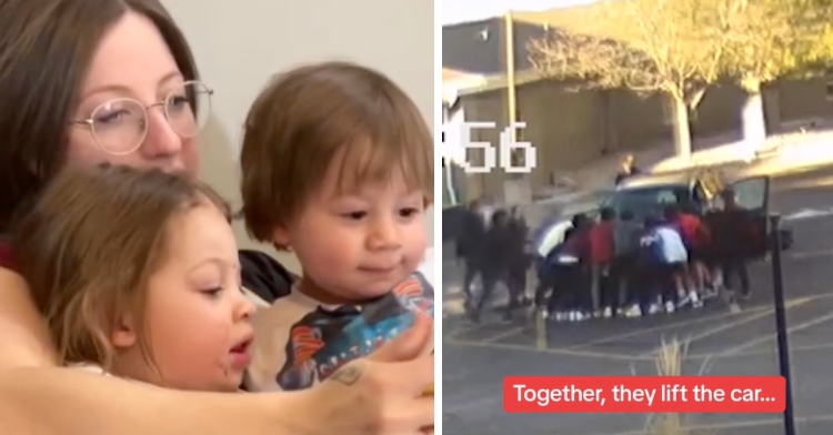 A two-photo collage. The first shows Bridgette Ponson sitting with her two kids in her arms as she read them a book. The second photo shows video footage of a large group of kids gathered around a car. Text on the image reads "Together, they lift the car..."