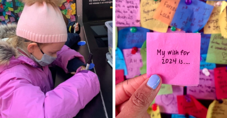 A two-photo collage. The first shows a little girl writing a New Year goal at the Wishing Wall in NYC. The second photo shows a woman's hand holding up a pink note that says "My wish for 2024 is..." Behind the note is a whole wall full of colorful notes.