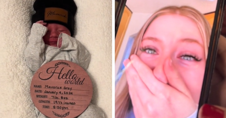 A two-photo collage. The first shows Gwendalyn McHaddad's newborn, Maverick, laying on a white, plushy blanket. On him is a small, round sign that reads: Hello world Name: Maverick Grey Date: January 4, 2024 Weight: 7 lbs. 8 oz. Length: 19 1/2 inches Time: 8:50 pm. The second photo shows a view of Gwendalyn McHaddad FaceTiming a friend for the best newborn baby surprise. Her friend's face looks red and her eyes are watery. She has one hand covering most of her face.