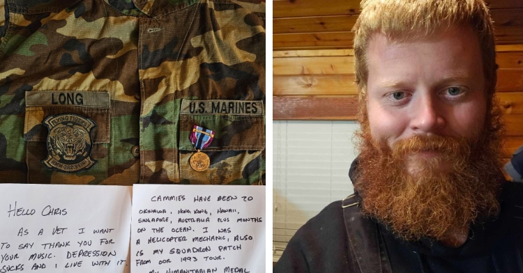 A two-photo collage. The first shows Cammies with two letters placed on top. They're letters for Oliver Anthony from a veteran. The second photo shows a selfie of Oliver Anthony smiling.