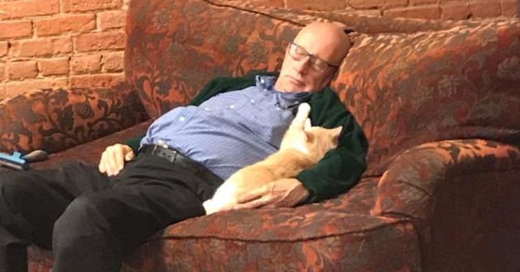 Terry the volunteer asleep in a chair with a rescue cat.
